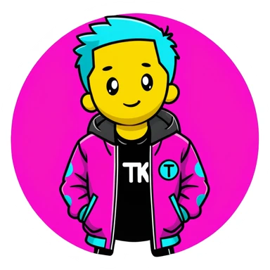Minimalist sticker with white 'tt' letters on a black circle with cyan, magenta, and yellow dots below, jacket with street style influence sticker