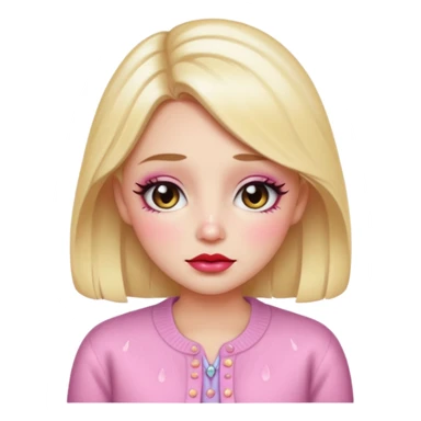 “Emoji girl, dewy skin, heavy blush across cheeks and nose bridge, glossy cherry lips, soft eyeliner, teary sparkling eyes, pastel cardigan.” sticker