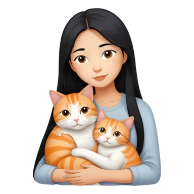 Young Asian woman with long straight black hair cuddling a white and orange tabby cat, gentle embrace, affectionate pose sticker