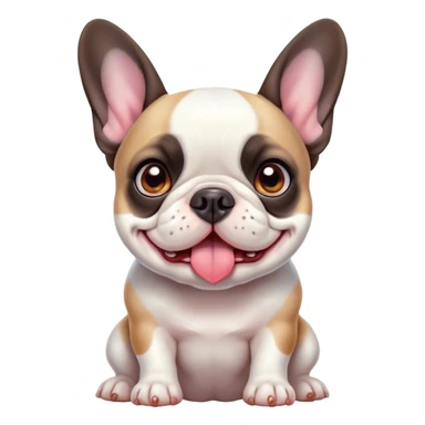 Cinematic Cute Pied French Bulldog Portrait Emoji, Head tilted with a sweet, mischievous grin and large, inviting eyes, featuring a unique pied fur of contrasting colors, simplified yet irresistibly endearing, highly detailed, glowing with a warm, playful radiance, high shine, exuding a quirky charm and affectionate personality, styled with a soft, lighthearted outline, capturing the essence of a cute Pied French Bulldog that looks ready to charm its way into your heart! sticker