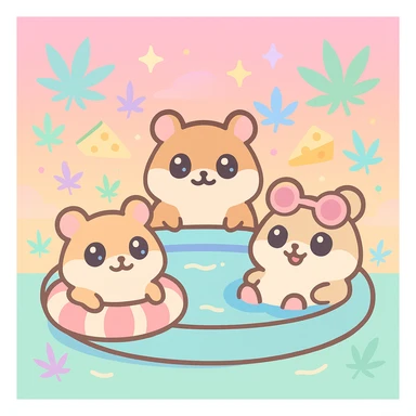 Discord server icon, square, super cute pool party at sunset with up to 3 hamsters, weed leaves, cheese, THC theme, no disco ball, vaporwave style, pastel neon colors, dreamy gradients, sparkles, nostalgic, fun, inviting, summer party vibe, clear composition sticker