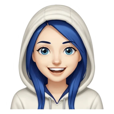 Laughing-long-straight-dark-blue-hair-blue-eyes-thick-black-eyeliner-really-think-long-eye-lashes-white-hooded-sweatshirt sticker