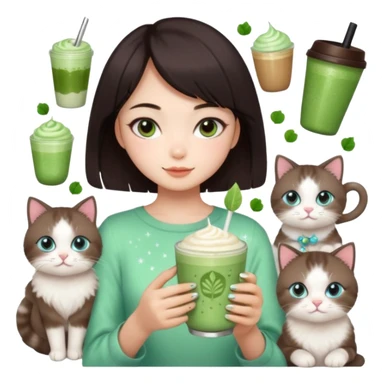 asian girl with shoart dark brown hair with a soft girl glowup aesthetic. matcha latte sparkles girly things, 2 ragdoll cats, skincare, makeup sticker