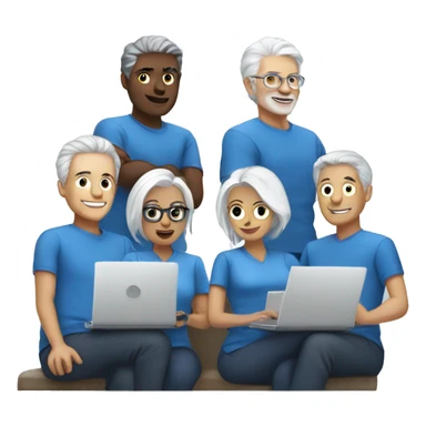 Teamwork with laptops with white hair in blue clothes sticker