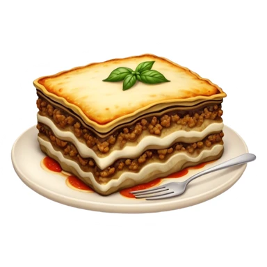 Moussaka Cinematic Realistic Moussaka Dish Emoji, depicted as a rustic serving of moussaka with layers of soft eggplant, ground meat, and a creamy topping featuring a delightfully crispy corner, rendered with rich textures and warm, inviting lighting. sticker