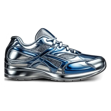 Transform the shoe into a highly reflective and metallic 3D chrome style with chrome blue accents, emphasizing the shiny and mirror-like surface. sticker