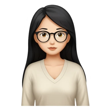 medium tan asian woman with long black hair past middle of back, round brown eyes, white v neck blouse. she has black thick frame glasses on. sticker