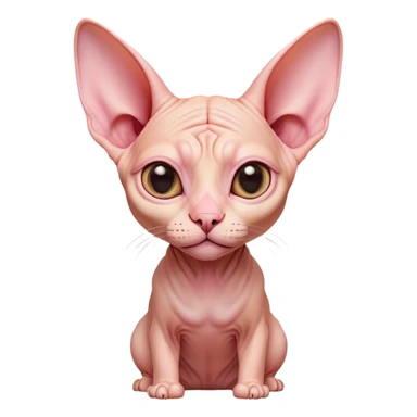 Cinematic Cute Sphynx Cat Portrait Emoji, Head tilted playfully and inquisitively, soft, wrinkled skin in warm peach and pink hues, oversized ears and wide, expressive eyes filled with curiosity, Simplified yet irresistibly adorable features, highly detailed, glowing with a warm, friendly glow, high shine, affectionate and lively, stylized with a touch of whimsy, bright and endearing, soft glowing outline, capturing the essence of a mischievous yet loving kitten, so playful it feels like it could pounce out of the screen and into your arms! sticker