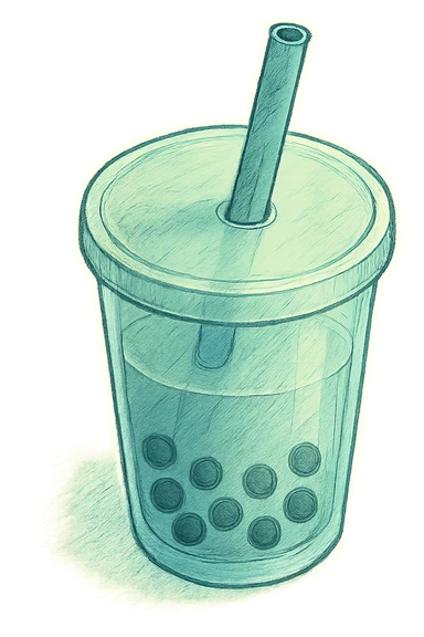 hand-drawn volumetric bubble tea cup with a straw, blue and green colors, top view, sketchy illustrated style, expressive shadows and highlights for 3D look sticker