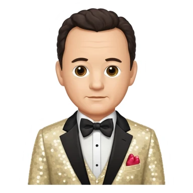 Tom Hanks with dark brown hair, cream sequin suit with bow tie sticker