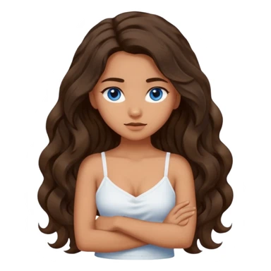Girl with olive skin, blue eyes, brown dark insanely wavy long hair, white camisole, crossing arms in an x shape sticker
