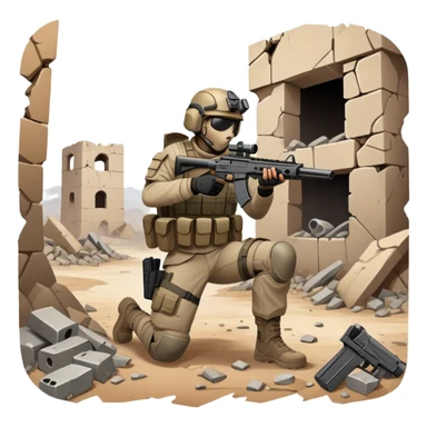 A skilled airsoft player in tactical gear, aiming a gun and shooting metal BBs in a desolate, ruined landscape. The setting is filled with broken walls and debris, creating a tense atmosphere of strategy and precision in a high-stakes tactical environment sticker