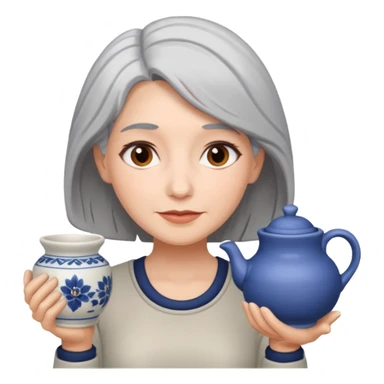 Woman with grey hair with ceramics sticker