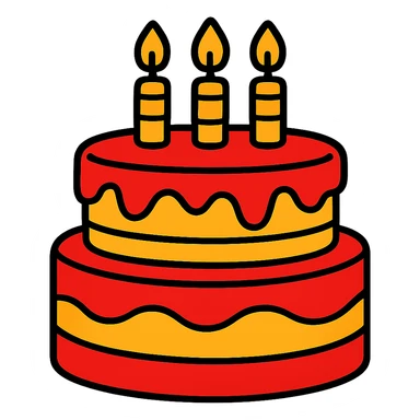 large red and yellow birthday cake with three candles, cartoon style, no background sticker