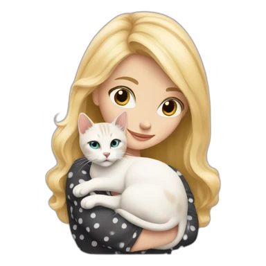 blonde-haired woman cuddling with a white spotted cat sticker
