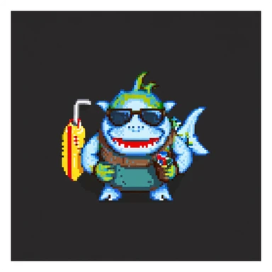 orc male with a shark-shaped inflatable floatie, wearing large sunglasses and a whistle on a cord, pixel art style sticker