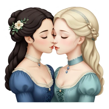 Two Victorian women sharing a gentle kiss, eyes closed, one with dark hair and one with light hair, both wearing modest dark Victorian dresses sticker