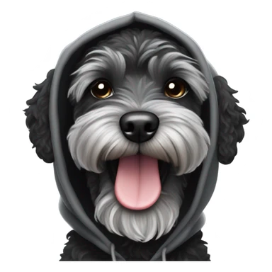 Cool black schnoodle with grey brindle and an underbite winking while smiling with boxing gloves and a hoodie  sticker