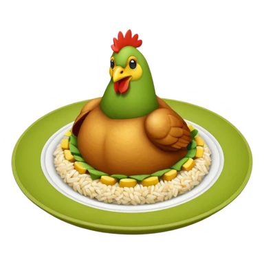 moji 3D de plato redondo con pollo en tiras, arroz blanco, rodajas de aguacate y maíz amarillo, vista desde arriba, fondo blanco, estilo simple. sticker