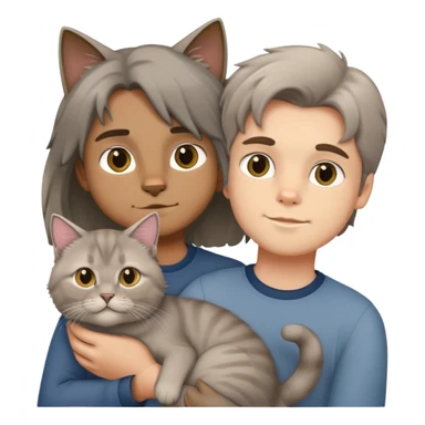 boy holding a grey longhair cat and a British longhair golden cat sticker
