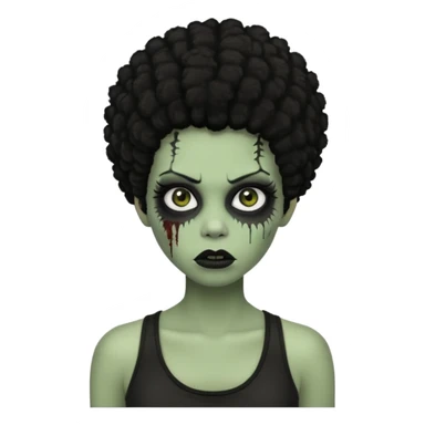 a female zombie with sage green skin, black afro hair, eyelashes and a black tank top sticker