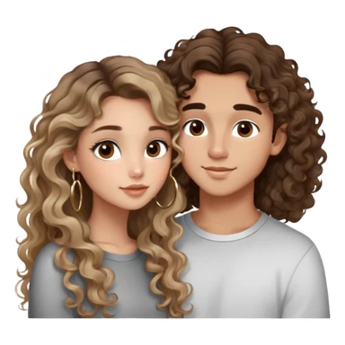 cute girl (long brunette balayage curly/wavy not voluminous hair, brown eyes, hoop earrings, natural pretty clean makeup): kissing on the cheek a cute boy (blondish SUPER STRAIGHT hair and brown eyes and a cute face) sticker