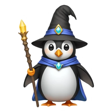 penguin dressed as a wizard with a pointy hat and a magic staff, fun emoji style sticker