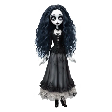 full height, tim burton "corpse bride", porcelain doll with a cracked face, goth makeup watery eyes, long hair, lace and ruffles, lolita style, inked, black and white, red roses sticker
