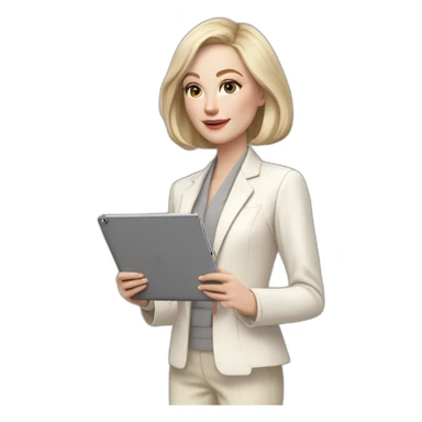 pale skin woman with ash blonde Straightened bob Hair, White Spacious classical jacket, beige palazzo Arrow pants and gray blouse holding a IPad Pro 12.9” in the hands sticker