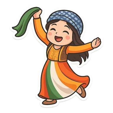 Create a colorful and cheerful Kurdish cartoon sticker in chibi style. Show the traditional Kurdish clothing and a dancing pose. The background should be transparent. Suitable for WhatsApp and Instagram. sticker