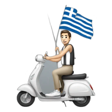 Tall thin man on scooter with greek flag sticker