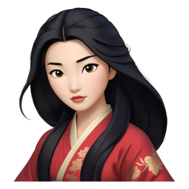 Cinematic Realistic Mulan Portrait, depicted with lifelike skin texture, soft natural lighting, and intricately detailed long black hair styled elegantly. Her deep, expressive eyes exude determination and grace, complemented by a serene yet confident expression. She is dressed in her classic attire, with rich fabric textures and delicate folds that catch the light beautifully. The portrait features a soft, enchanting glow with a natural, radiant finish, capturing the essence of timeless strength and beauty in a realistic and painterly style, evoking a sense of depth and authenticity. sticker