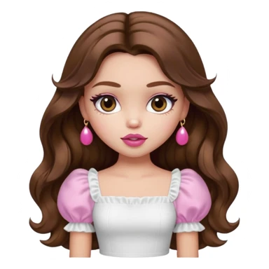 generate a pretty bratz girl with in a white puff sleeve top. Pink lipgloss. Brown wavy hair long.  sticker