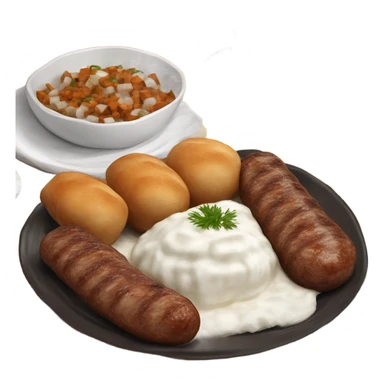 Bosnian national dish called cevapi with diced onions on the side and kaymak sticker