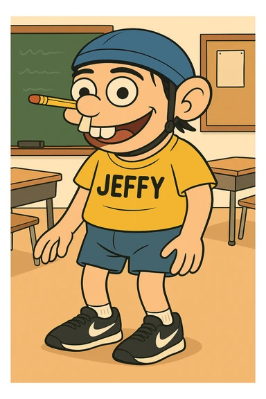 Add a playful classroom background with a chalkboard and desks, keeping the cartoon style consistent with flat toon style. sticker