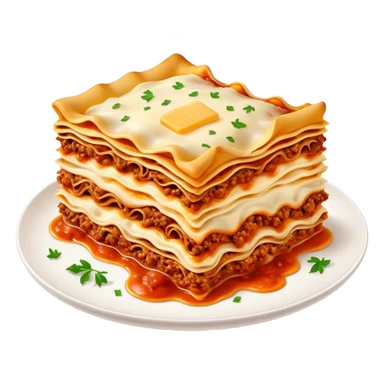 Lasagne alla Bolognese Cinematic Realistic Lasagne alla Bolognese Dish Emoji, depicted as a messy, layered pasta dish overflowing with melted cheese and rich meat sauce, rendered with hearty textures and warm, indulgent lighting. sticker