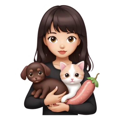 Asain girl with pink blush, wearing a black skinny top, long dark brown curled hair with straight bangs. Carrying a white kitten and a brown sausage puppy.  sticker
