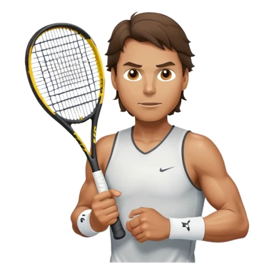 Rafael Nadal, chest high, holding a racket sticker