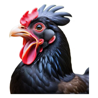 Cinematic Cute Yawning Black Chicken Portrait Emoji, Head tilted slightly with a dramatic, wide-open yawn, showcasing a soft, glossy black plumage with subtle hints of iridescence and a distinctive red comb, floppy wings slightly drooping, round beady eyes barely open in drowsy contentment, Simplified yet irresistibly adorable features, highly detailed, glowing with a soft, cozy glow, high shine, relaxed yet expressive, stylized with a touch of whimsy, bright and endearing, soft glowing outline, capturing the essence of a sleepy yet affectionate chicken, so drowsy it feels like it could stretch out of the screen and curl up for a nap! sticker