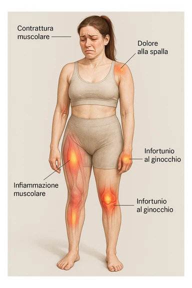 donna con infortuni e contratture frequenti in 3D realistica, donna dolorante immagine medica in italiano  sticker