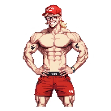 Skinny man with muscular definition, black and white cap with VANOMAS text, bare torso, red shorts, clear glasses, messy light blond hair, flexing muscles and smiling sticker