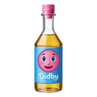 Smiling bottle of oil blue top pink outside with logo that says Diddy oil sticker
