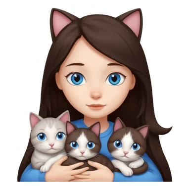 a girl with long dark 
brown hair, with blue eyes, hugs 3 different natural coloured cats sticker