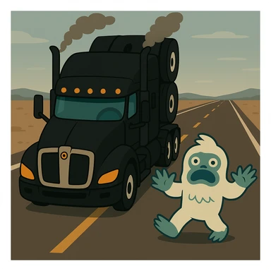 Place the small yeti (abominable snowman) on a long highway in front of the modern black Kenworth W680 flat top semi sleeper, top-down animated style, no text, make the road much longer. sticker