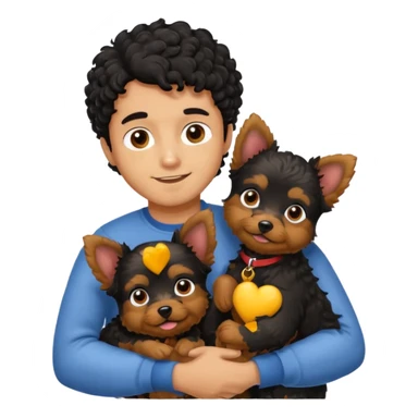 Young man with little brown skin, black curly hair, cheerful dark brown eyes, hugging two Yorkie dogs golden sticker