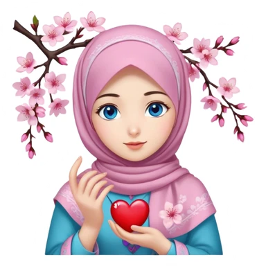 Turkish beautiful finish Konya girl blue eyes with cherry blossom flower lila design hijab and hold heart in her hand  sticker