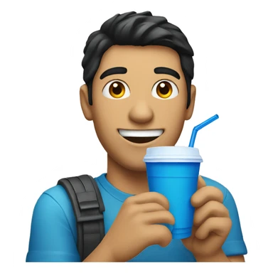 smiling man with black hair holding a blue plastic cup with a yellow straw sticker