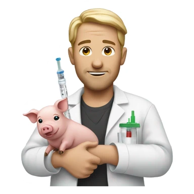 Man holding a pig on one hand and injection on the other hand sticker