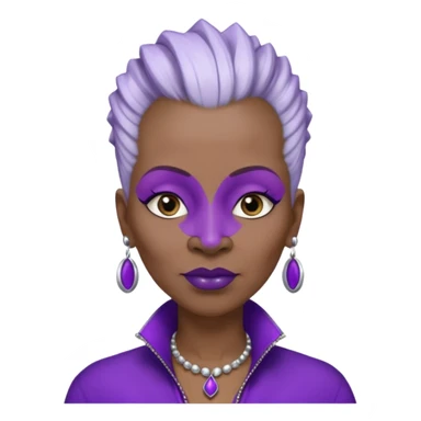 57yr old Qeen black woman with a long shaped face with white colored  natural hair mohawk style haircut adorning purple royalty clothing and purle lipstick, with a nose studs on each nostril  sticker