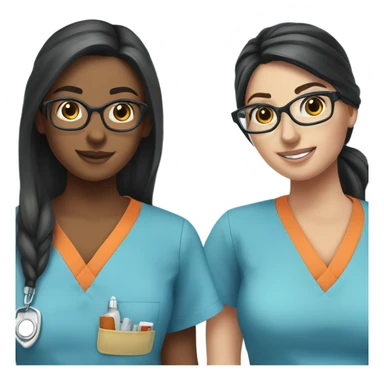 Best friend nurses in blue scrubs one has glasses with long black hair in a pony tail, the other has long dark brown hair with freckles sticker